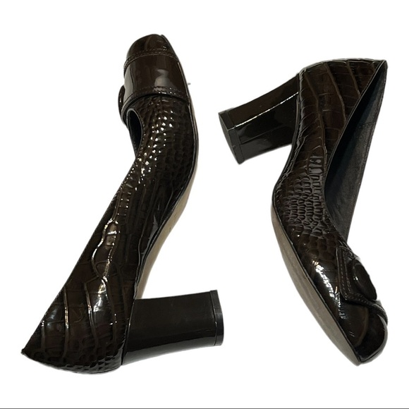 Kate Spade Glossy Patent Leather Pumps W/Block Heels 7M Brown Retro Preppy Chic - Picture 7 of 10